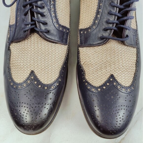 Fratelli Rossetti Men\'s Navy Cream Woven Leather Wingtip Derby Dress Shoes, 10 main image 11